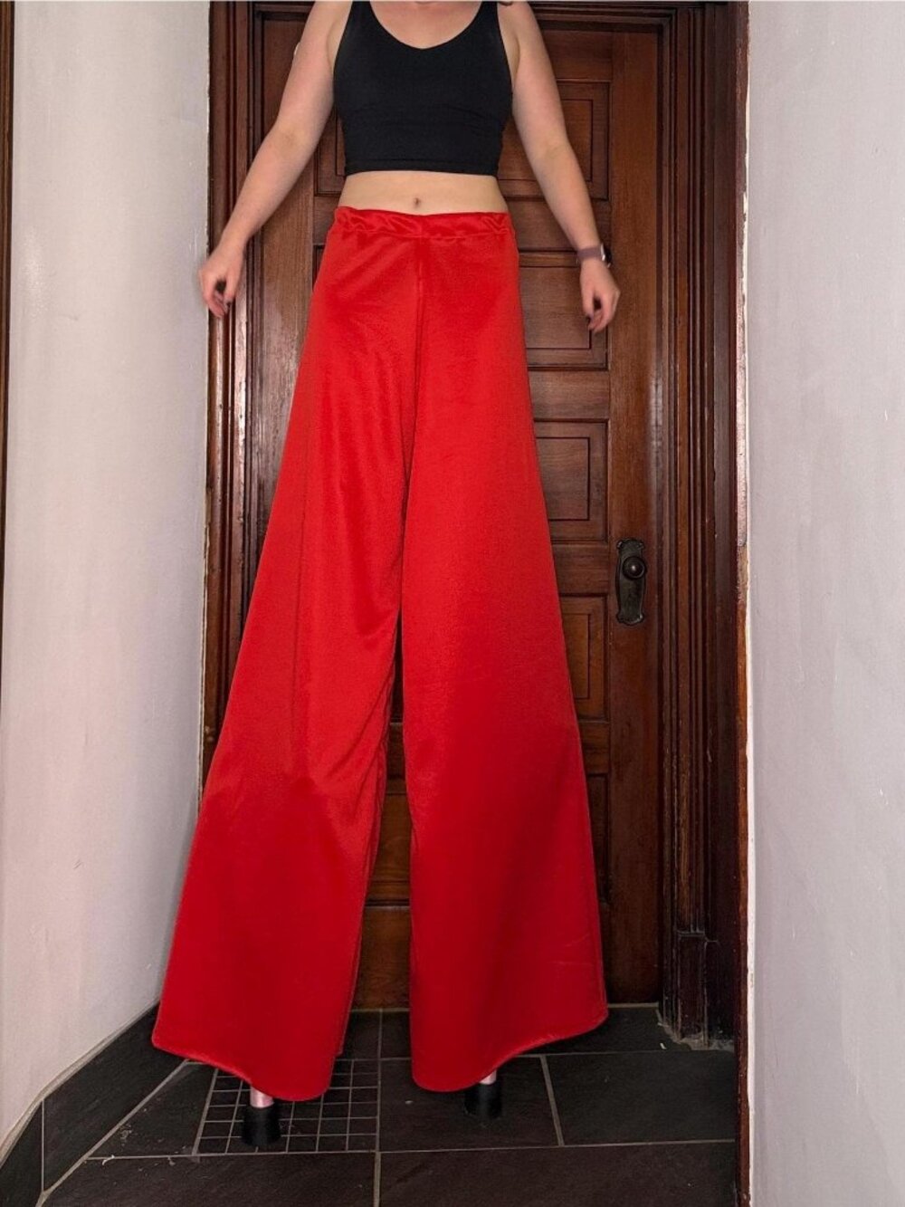 Handmade Stilt Pants Red Wide Leg Circus Pants Stretch High Rise Unisex